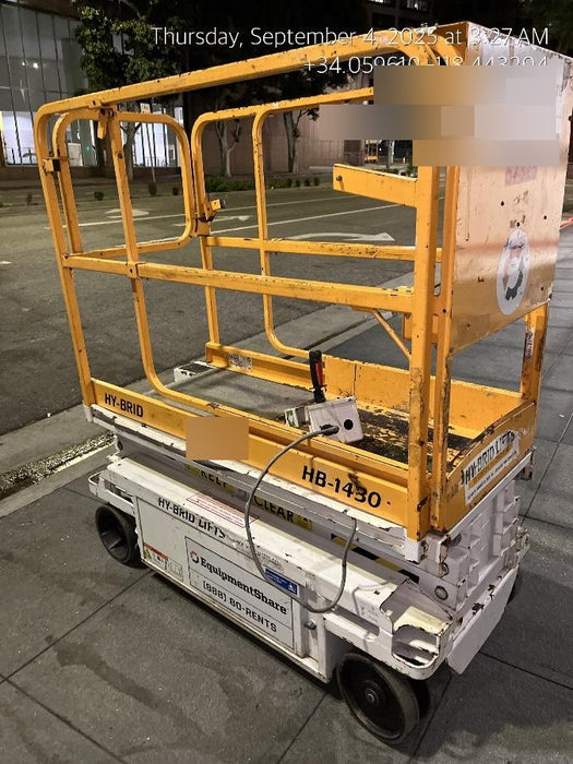 Custom Equipment HB-1430 <ul>
 <li>Hy-Brid Scissor Lift</li>
  <li>Platform capacity up to 670 lbs.</li>
  <li>Working height up to 20 ft</li>
  <li>Weighs under 1,700 lbs.</li>
  <li>Non-marking wheels </li>
</ul>