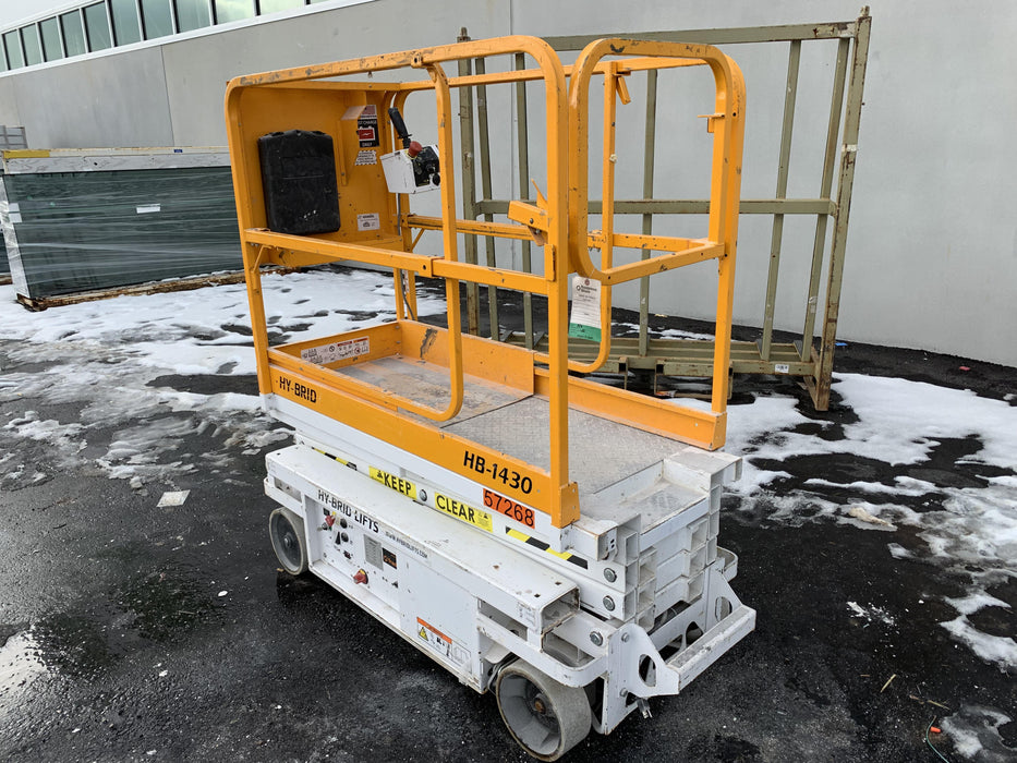 Custom Equipment HB-1430 <ul>
 <li>Hy-Brid Scissor Lift</li>
  <li>Platform capacity up to 670 lbs.</li>
  <li>Working height up to 20 ft</li>
  <li>Weighs under 1,700 lbs.</li>
  <li>Non-marking wheels </li>
</ul>