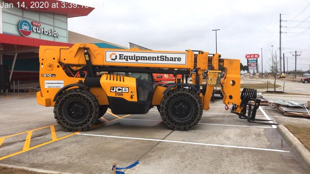 2019 JCB 510-56 Enclosed Cab, 74 HP, Solid Tires, Worklights, Beacon, Aux Hydraulics, Lifting Eye 66" Carriage/60" Forks
