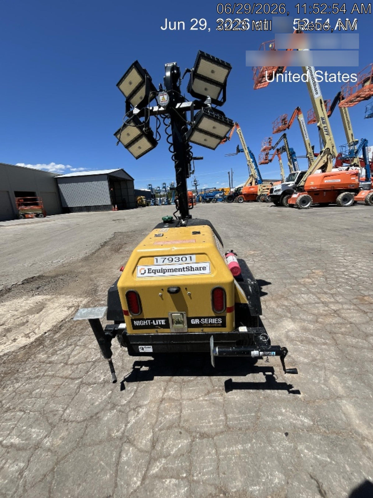 Allmand NLV3GR (4) LED Light Fixture 350W, 23' Vertical Mast, 3kW Prime, Towable, Deep Sea L401, Leveling Jacks, Yanmar T4F 5.8hp