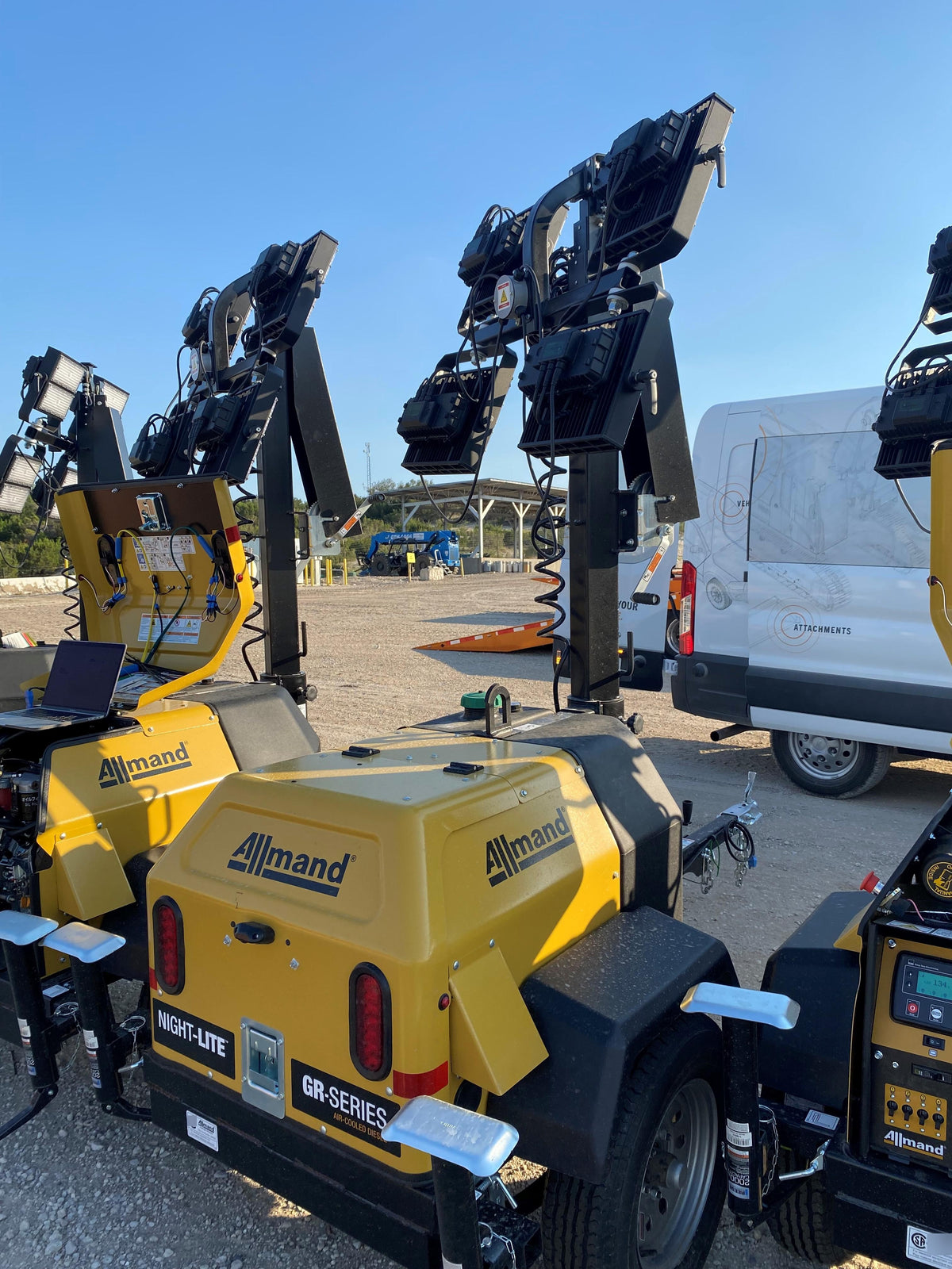 2022 Allmand NLV3GR (4) LED Light Fixture 350W, 23' Vertical Mast, 3kW Prime, Towable, Deep Sea L401, Leveling Jacks, Yanmar T4F 5.8hp