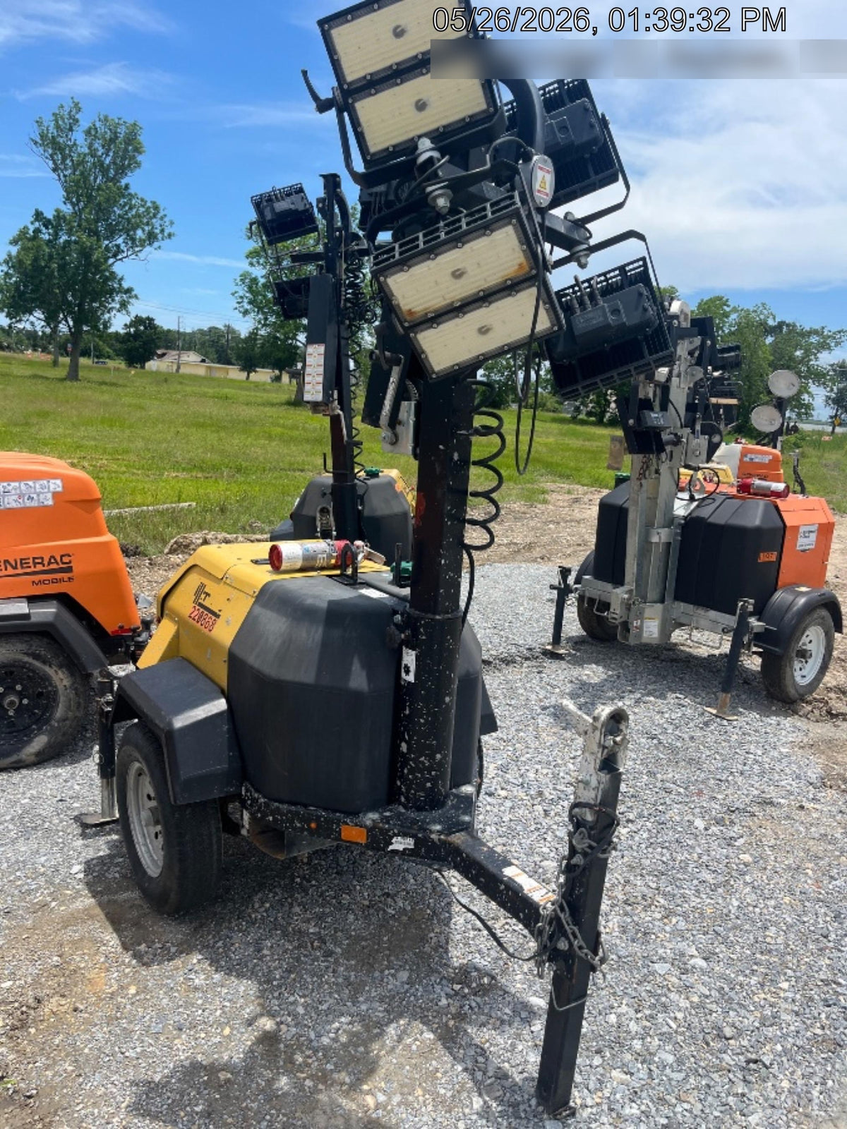 2022 Allmand NLV3GR (4) LED Light Fixture 350W, 23' Vertical Mast, 3kW Prime, Towable, Deep Sea L401, Leveling Jacks, Yanmar T4F 5.8hp