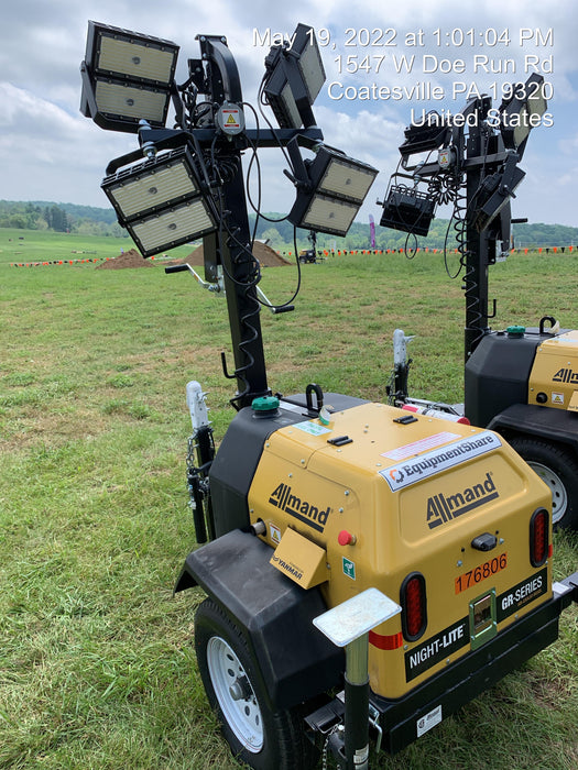 Allmand NLV3GR (4) LED Light Fixture 350W, 23' Vertical Mast, 3kW Prime, Towable, Deep Sea L401, Leveling Jacks, Yanmar T4F 5.8hp