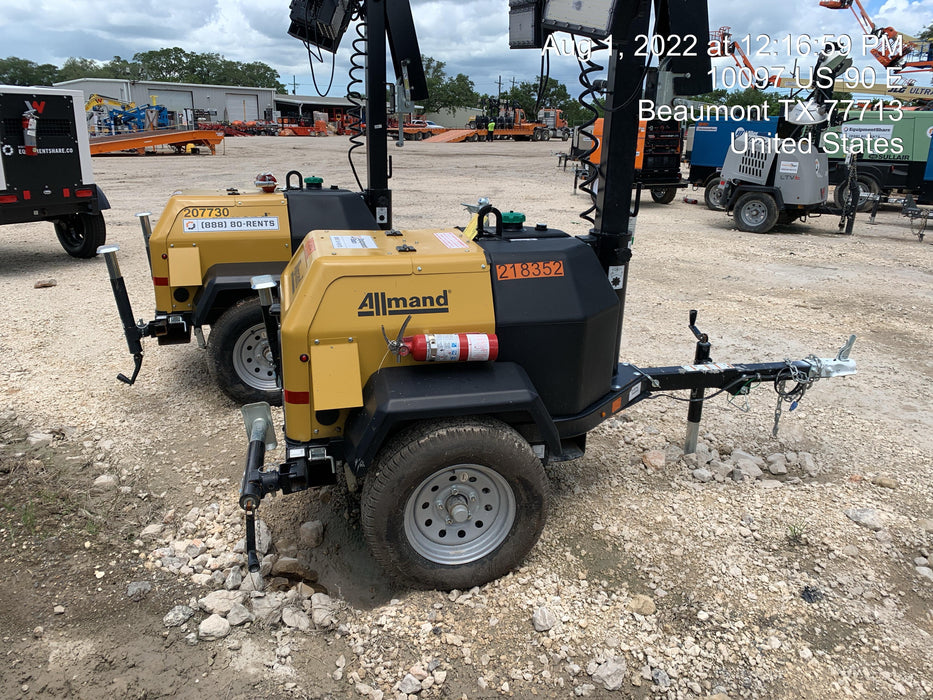 2022 Allmand NLV3GR (4) LED Light Fixture 350W, 23' Vertical Mast, 3kW Prime, Towable, Deep Sea L401, Leveling Jacks, Yanmar T4F 5.8hp