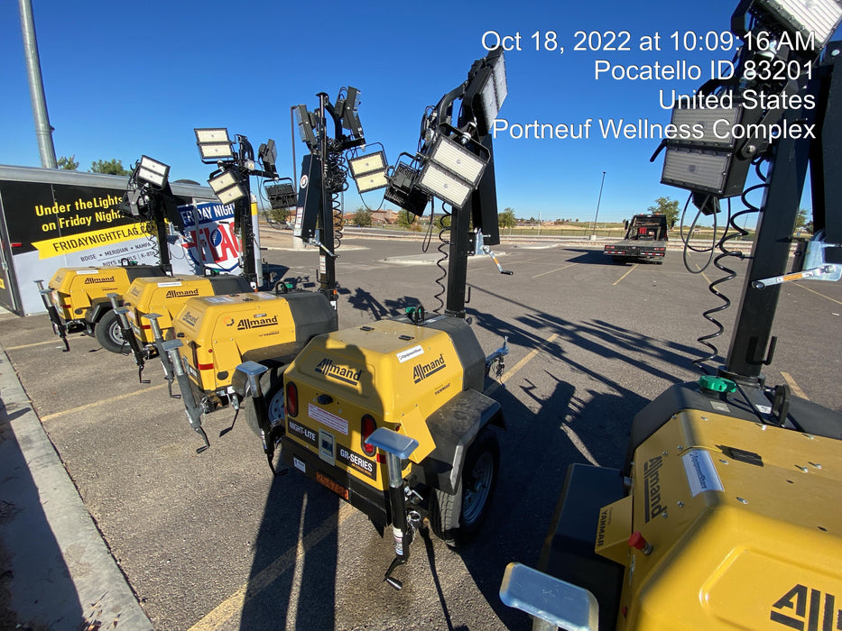 2022 Allmand NLV3GR (4) LED Light Fixture 350W, 23' Vertical Mast, 3kW Prime, Towable, ES Decals, T3