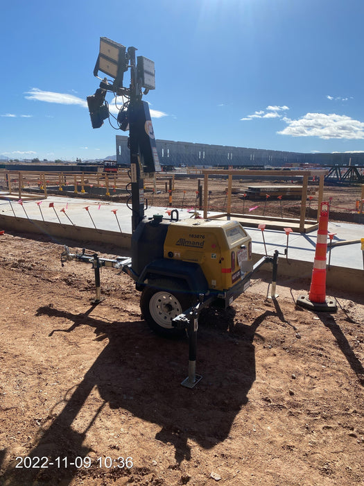 2021 Allmand NLV3GR (4) LED Light Fixture 350W, 23' Vertical Mast, 3kW Prime, Towable, Deep Sea L401, Leveling Jacks, Yanmar T4F 5.8hp