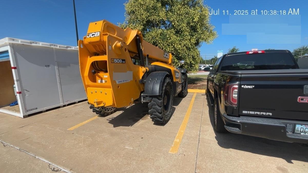 2019 JCB 509-42 74 HP w/Open ROPS, Beacon, Aux Hydraulics, LED Work lights, Solid Tires 66" Carriage/60" Forks