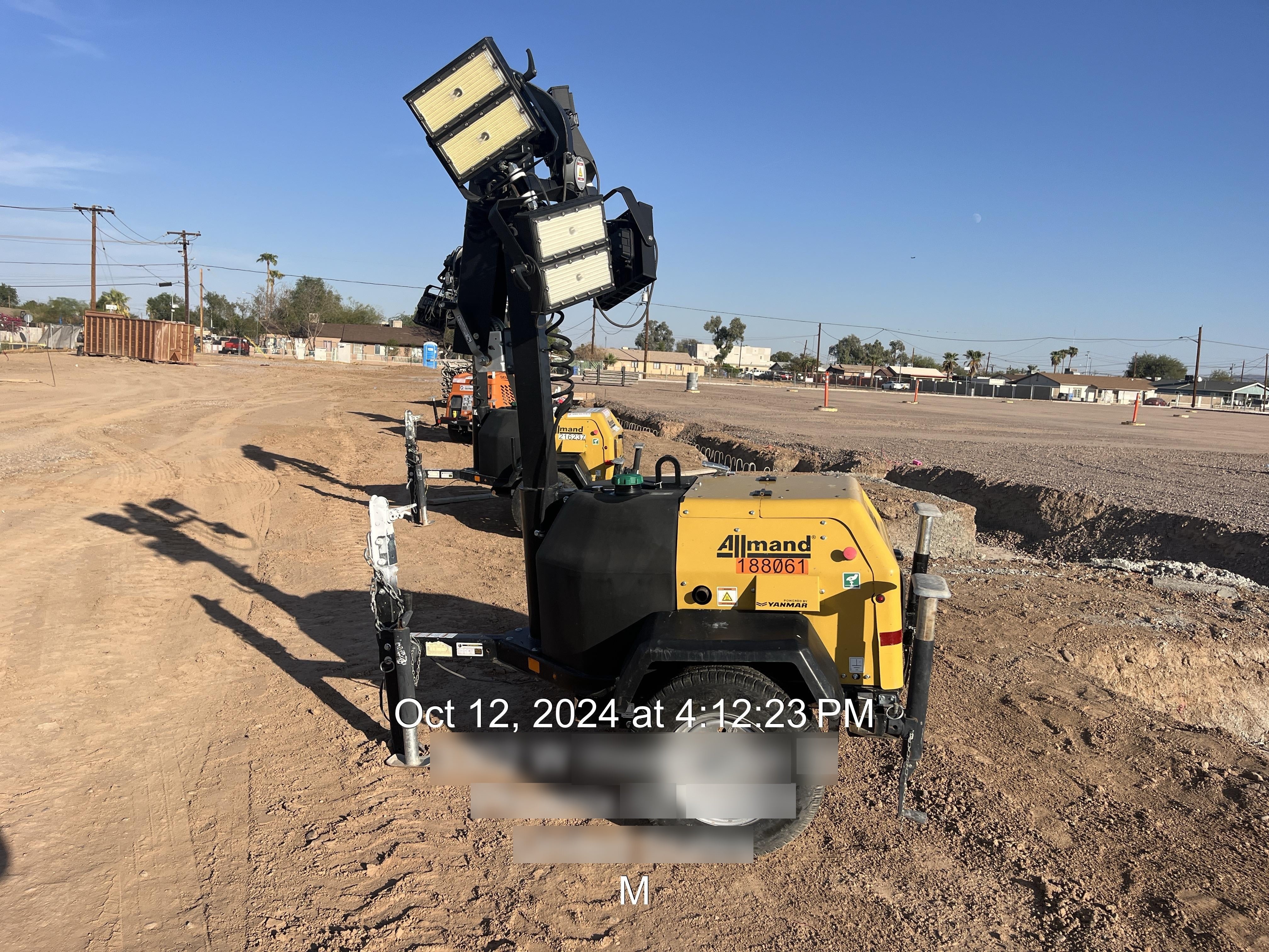 Allmand NLV3GR (4) LED Light Fixture 350W, 23' Vertical Mast, 3kW Prime, Towable, Deep Sea L401, Leveling Jacks, Yanmar T4F 5.8hp