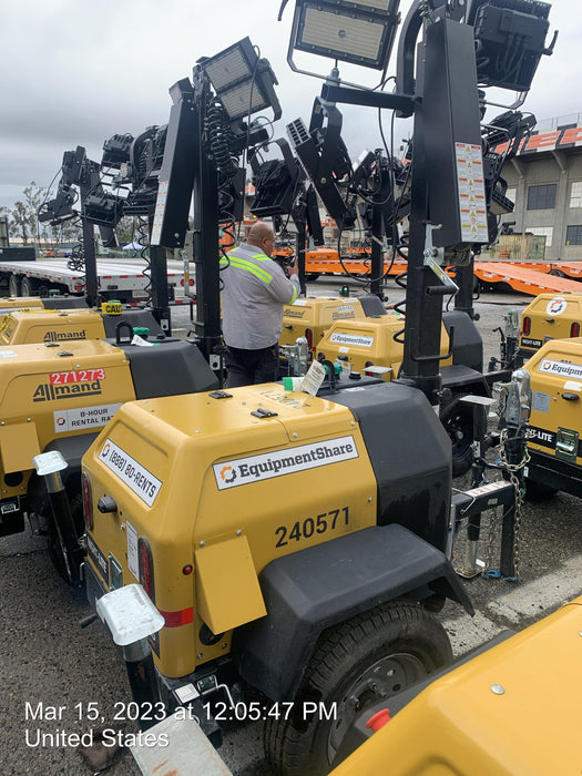 2022 Allmand NLV3GR (4) LED Light Fixture 350W, 23' Vertical Mast, 3kW Prime, Towable, Deep Sea L401, Leveling Jacks, Yanmar T4F 5.8hp