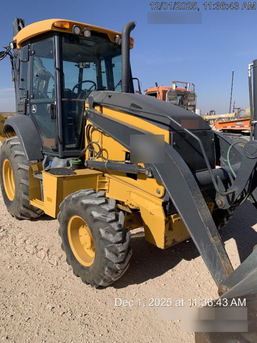 2019 John Deere 410L 4WD, CAB/HVAC, Standard Dipperstick, ISO Controls, Rear Aux Hydraulics, Manual QC w/1.5 Yd Bucket w/Forks, 24" Bucket