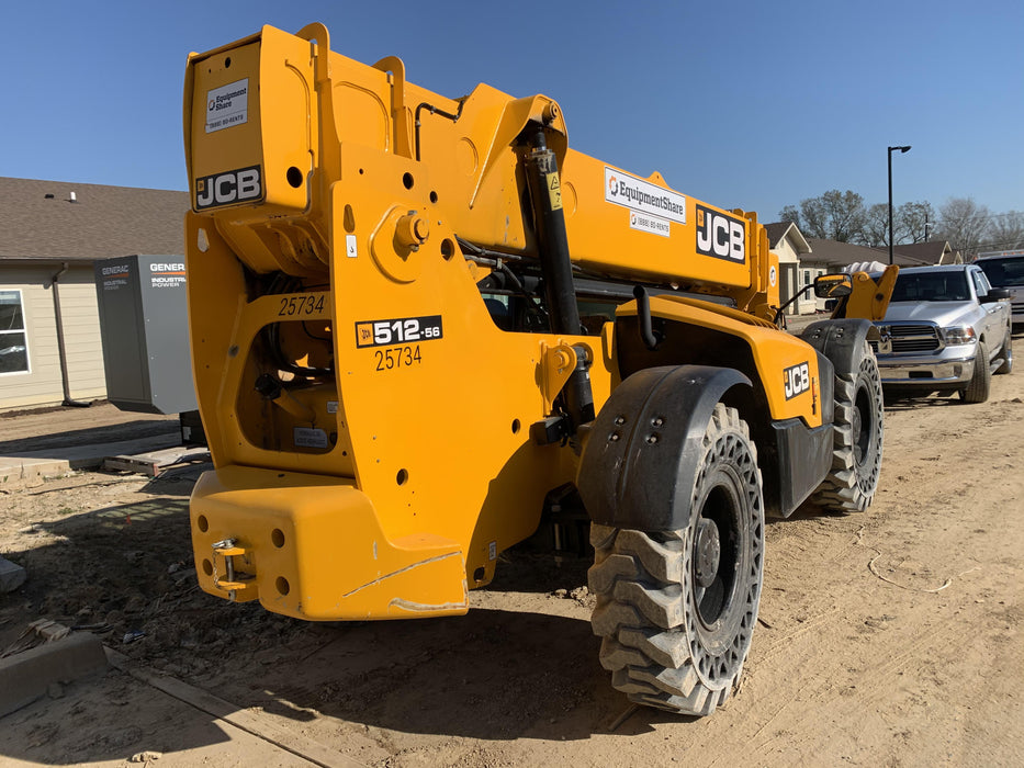 2019 JCB 512-56 109 HP w/CAB/HVAC, Beacon, Aux Hydraulics, Worklights, Solid Tires w/60" Carriage/Forks