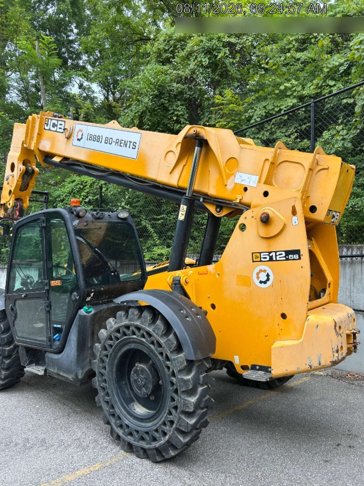 2019 JCB 512-56 Cab/Heat/Air, 109 HP, Solid Tires, STD Worklight, Beacon, Aux Hydraulics, Lifting Eye, Back up Alarm w/66" Carriage/60" Forks