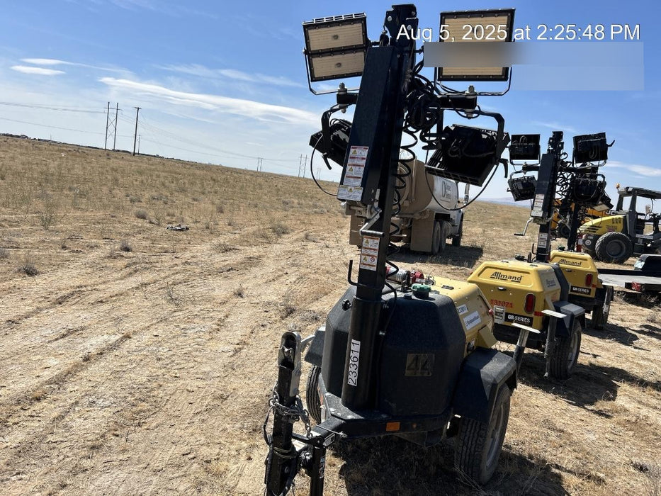 2022 Allmand NLV3GR (4) LED Light Fixture 350W, 23' Vertical Mast, 3kW Prime, Towable, Deep Sea L401, Leveling Jacks, Yanmar T4F 5.8hp