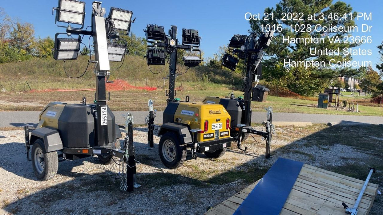 2022 Allmand NLV3GR (4) LED Light Fixture 350W, 23' Vertical Mast, 3kW Prime, Towable, ES Decals, T3