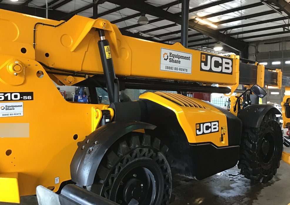 2019 JCB 510-56 74 HP w/Open ROPS, Beacon, Aux Hydraulics, Worklights, Solid Tires 60" Carriage/Forks