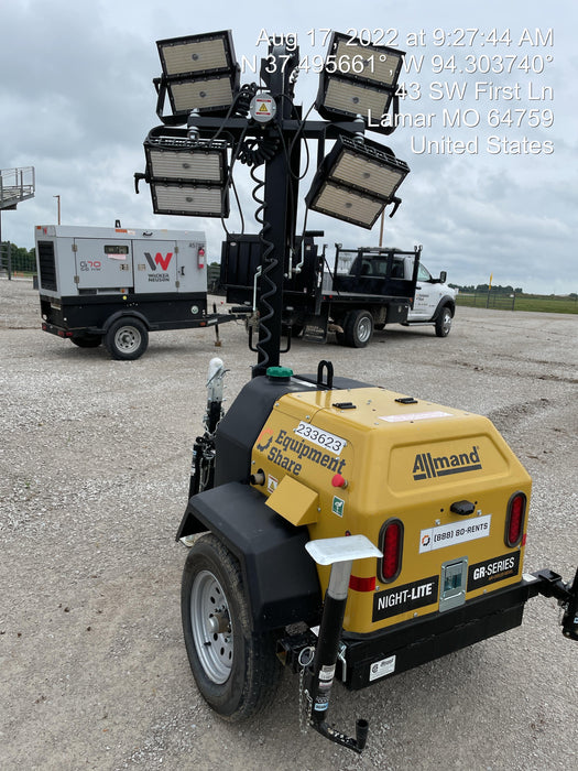 2022 Allmand NLV3GR (4) LED Light Fixture 350W, 23' Vertical Mast, 3kW Prime, Towable, Deep Sea L401, Leveling Jacks, Yanmar T4F 5.8hp