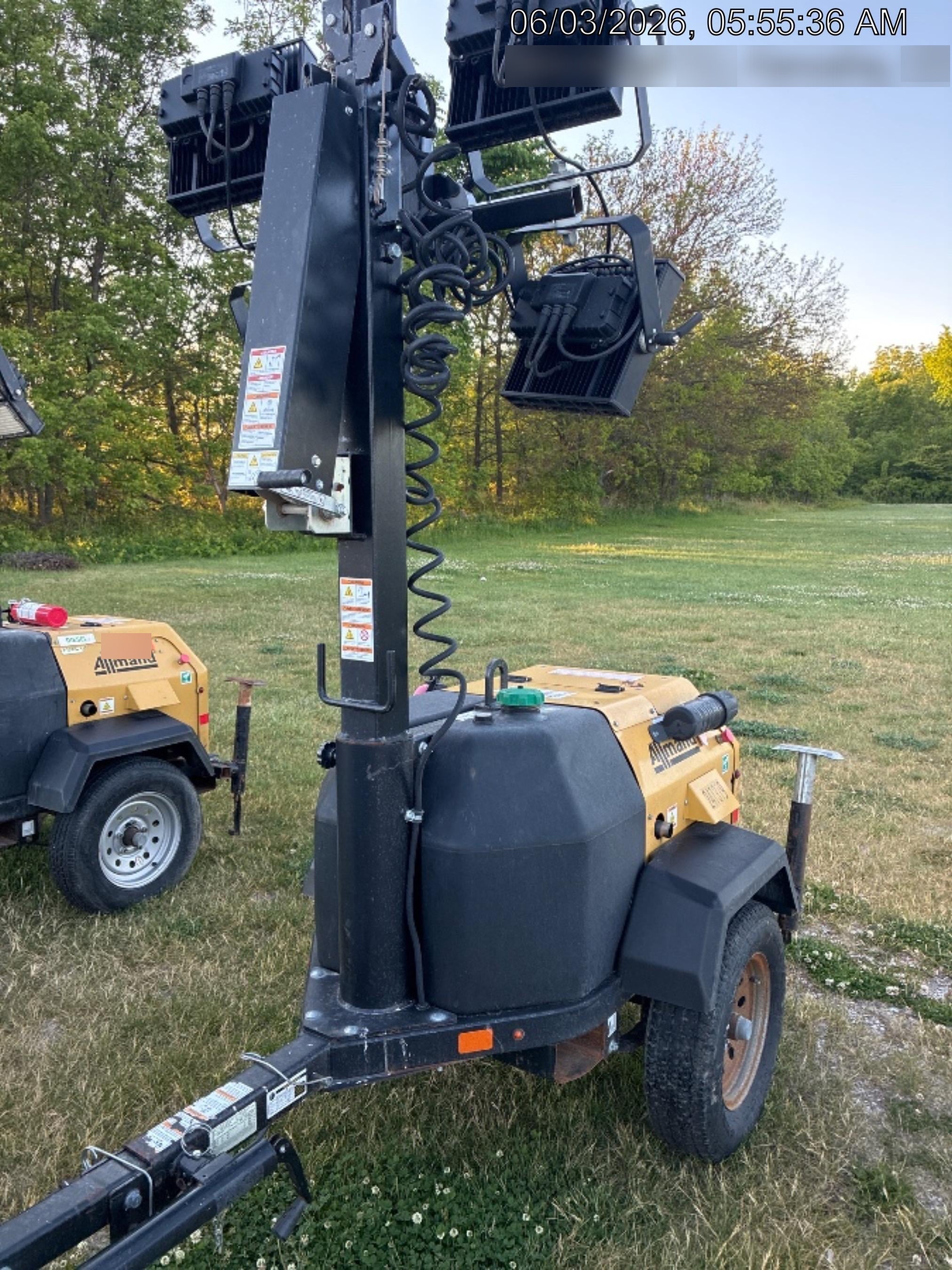 2022 Allmand NLV3GR (4) LED Light Fixture 350W, 23' Vertical Mast, 3kW Prime, Towable, Deep Sea L401, Leveling Jacks, Yanmar T4F 5.8hp
