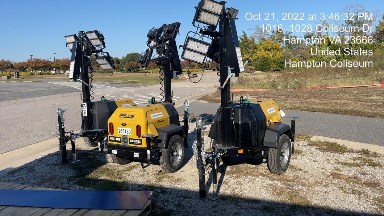 2022 Allmand NLV3GR (4) LED Light Fixture 350W, 23' Vertical Mast, 3kW Prime, Towable, ES Decals, T3