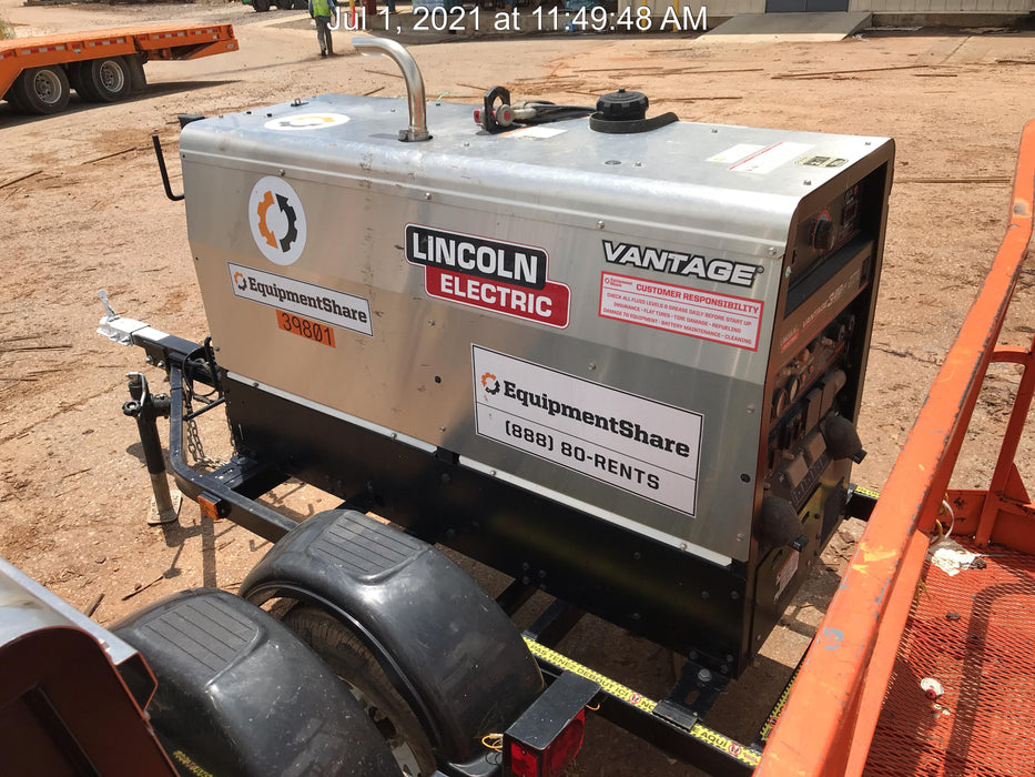 2019 Lincoln Electric Vantage 322 Welder Ready-Pak 3, Two wheel trailer, Fender and Light kit, Cable Rack