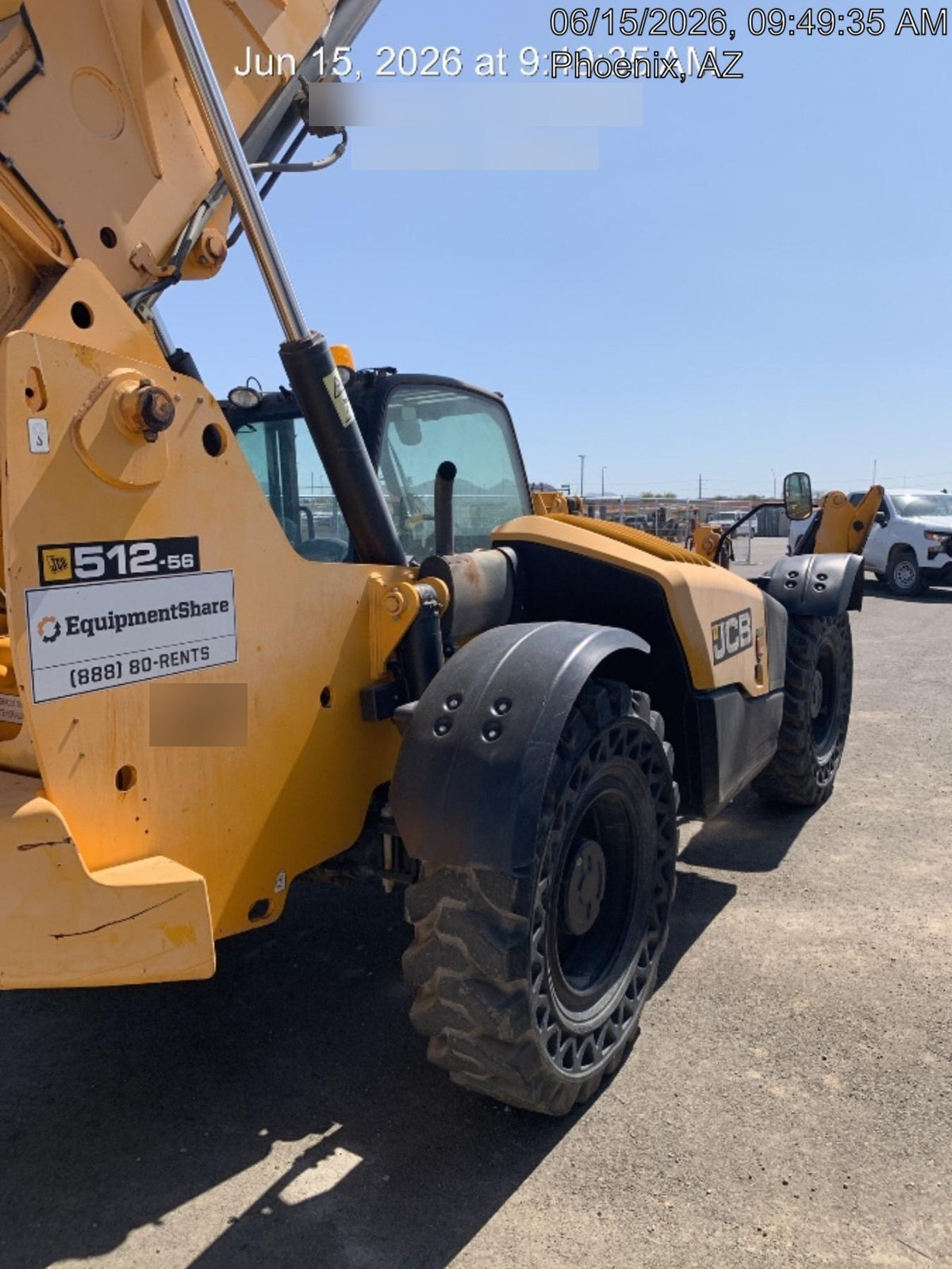 2019 JCB 512-56 74 HP w/CAB/HVAC, Beacon, Aux Hydraulics, Worklights, Solid Tires w/60" Carriage/Forks