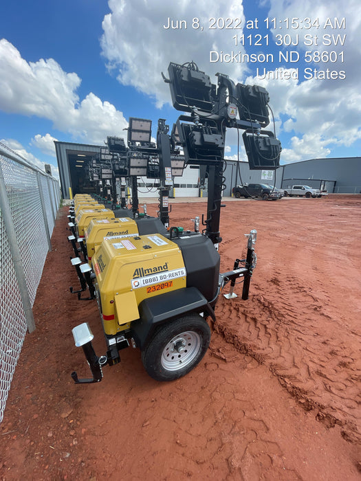 2022 Allmand NLV3GR (4) LED Light Fixture 350W, 23' Vertical Mast, 3kW Prime, Towable, Deep Sea L401, Leveling Jacks, Yanmar T4F 5.8hp