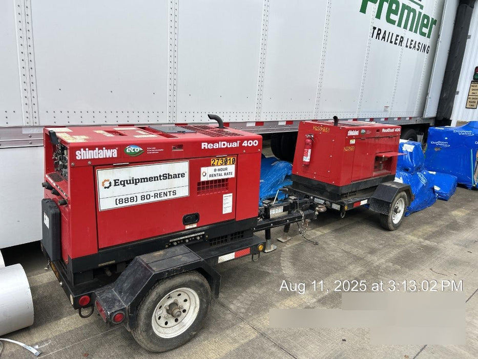 2022 Shindaiwa DGW400MDL Kubota D902 Engine, 23 HP, Dual Op Welder, Wire, Arc, Droop Stick, Tig, and CC Stick Functionality, Simulphase, 3 Phase and 1 Phase Gen Output, Single Axle NB Trlr, Slr Trckl Chrg 12V 12W, Fire Ext