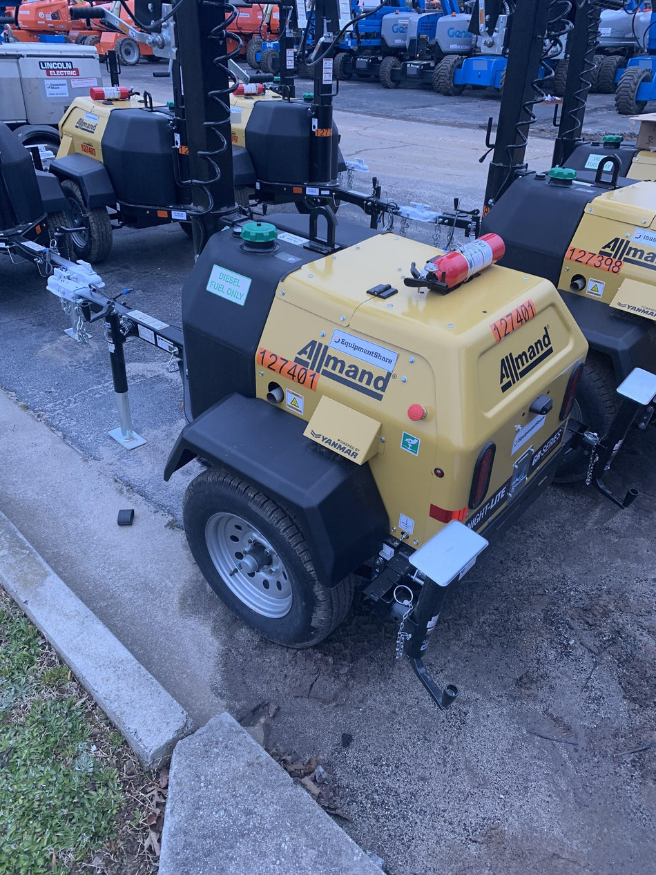 2021 Allmand NLV3GR (4) LED Light Fixture 350W, 23' Vertical Mast, 3kW Prime, Towable, Deep Sea L401, Leveling Jacks, Yanmar T4F 5.8hp