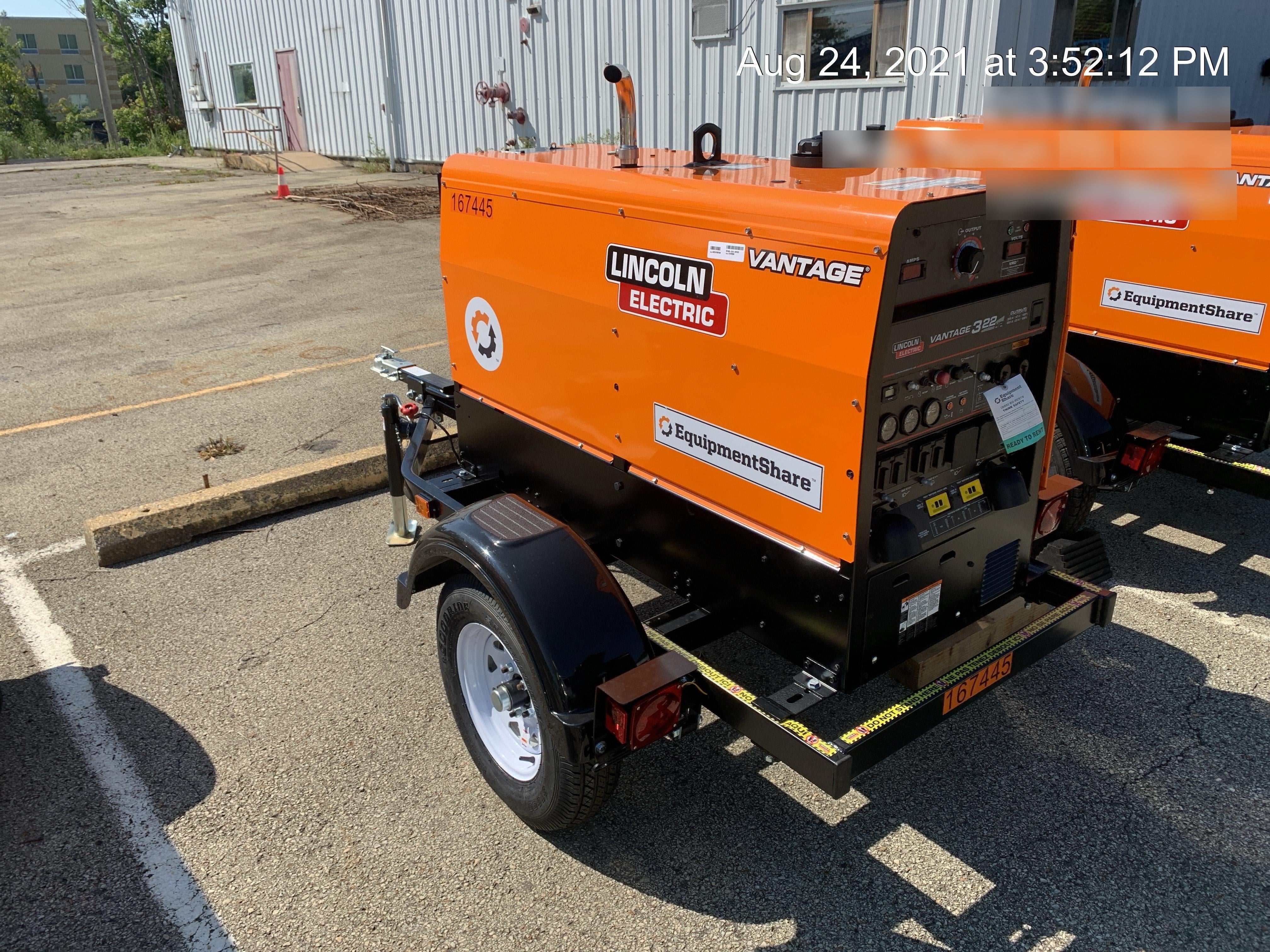 2021 Lincoln Electric Vantage 322 Vantage 322 Ready Pak 3 w/ Decals, ORANGE (includes trailer, cable rack, fender light kit) NO Telematics