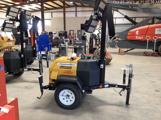 Allmand NLV3GR (4) LED Light Fixture 350W, 23' Vertical Mast, 3kW Prime, Towable, Deep Sea L401, Leveling Jacks, Yanmar T4F 5.8hp