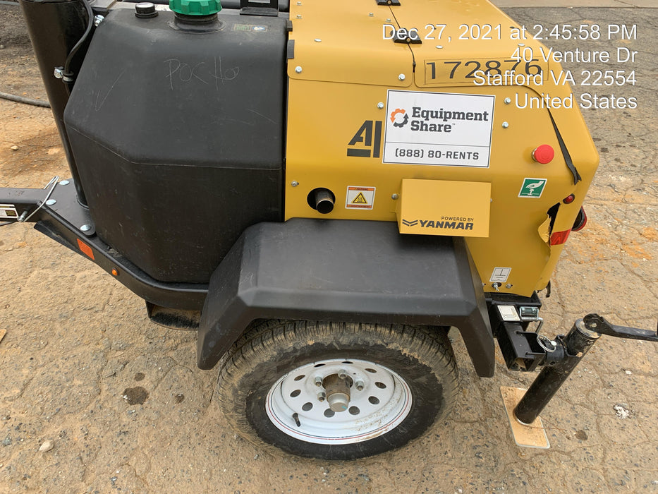 2021 Allmand NLV3GR (4) LED Light Fixture 350W, 23' Vertical Mast, 3kW Prime, Towable, Deep Sea L401, Leveling Jacks, Yanmar T4F 5.8hp