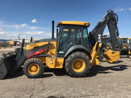 2019 John Deere 410L 4WD, CAB/HVAC, Standard Dipperstick, ISO Controls, Rear Aux Hydraulics, Manual QC, 1.5 Yd Bucket w/Forks, 24" Bucket