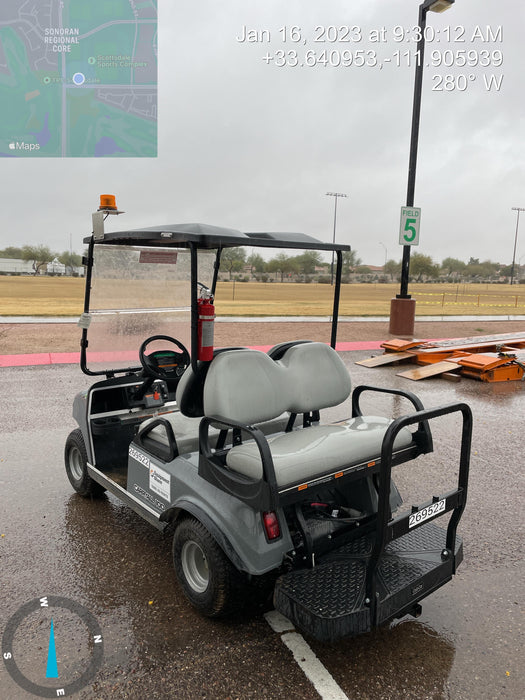 2022 Club Car CA100E Canopy, Fold down Windshield, Beacon, Back up Alarm, All-Trail Trials, HD 8 V Batteries, Trailer Hitch and Ball