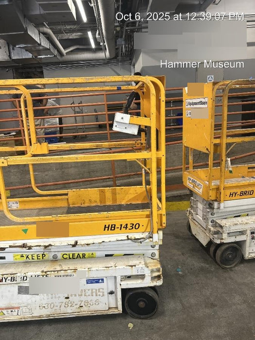 Custom Equipment HB-1430 <ul>
 <li>Hy-Brid Scissor Lift</li>
  <li>Platform capacity up to 670 lbs.</li>
  <li>Working height up to 20 ft</li>
  <li>Weighs under 1,700 lbs.</li>
  <li>Non-marking wheels </li>
</ul>