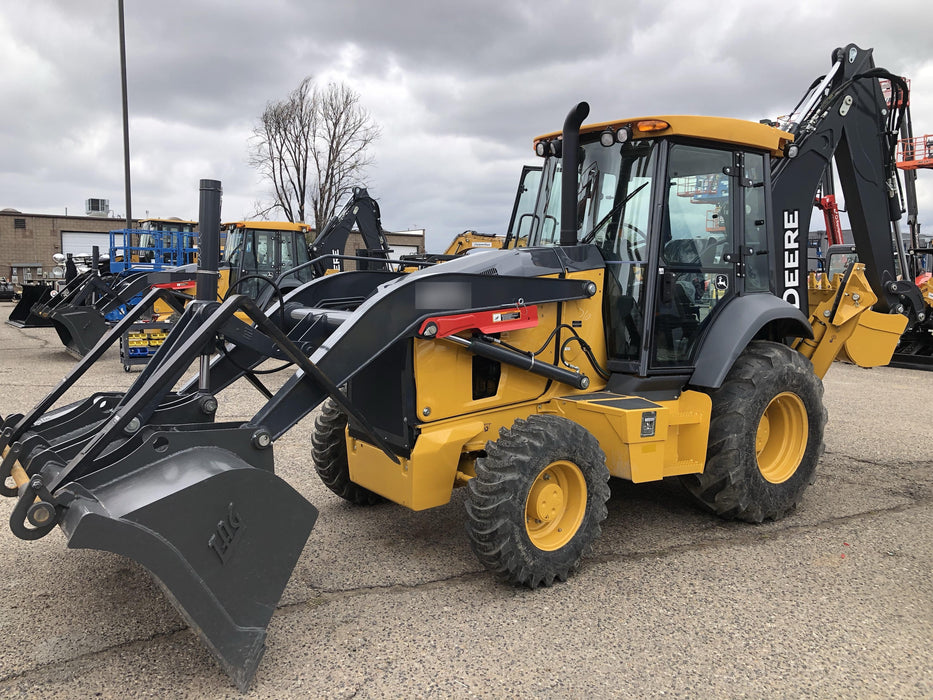 2019 John Deere 410L 4WD, CAB/HVAC, Standard Dipperstick, ISO Controls, Rear Aux Hydraulics, Manual QC w/1.5 Yd Bucket w/Forks, 24" Bucket