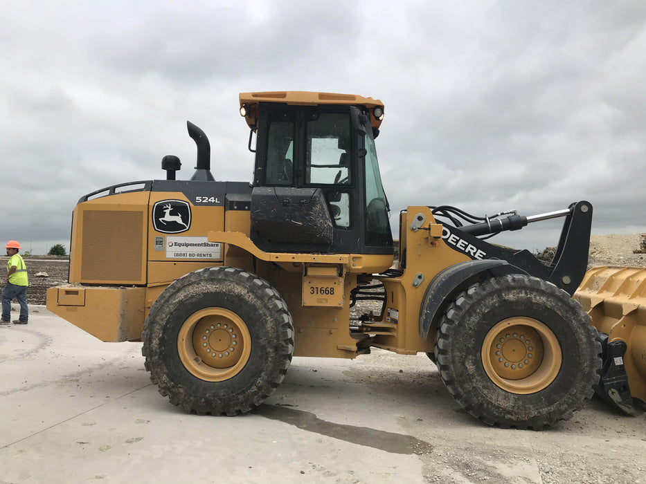 2019 John Deere 524L Cab/Heat/AIR, 3rd Function Hydraulics, Hydraulic JRB QC 2.75 Yd. Bucket, 60" Carriage/72" Forks