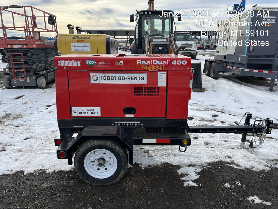 2022 Shindaiwa DGW400MDL Kubota D902 Engine, 23 HP, Dual Op Welder, Wire, Arc, Droop Stick, Tig, and CC Stick Functionality, Simulphase, 3 Phase and 1 Phase Gen Output, Single Axle NB Trlr, Slr Trckl Chrg 12V 12W, Fire Ext
