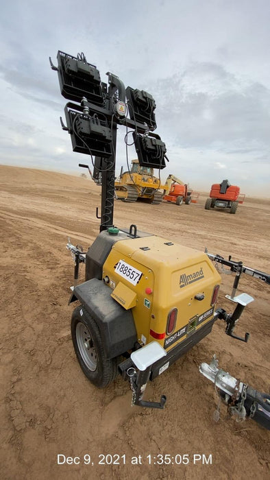 Allmand NLV3GR (4) LED Light Fixture 350W, 23' Vertical Mast, 3kW Prime, Towable, Deep Sea L401, Leveling Jacks, Yanmar T4F 5.8hp