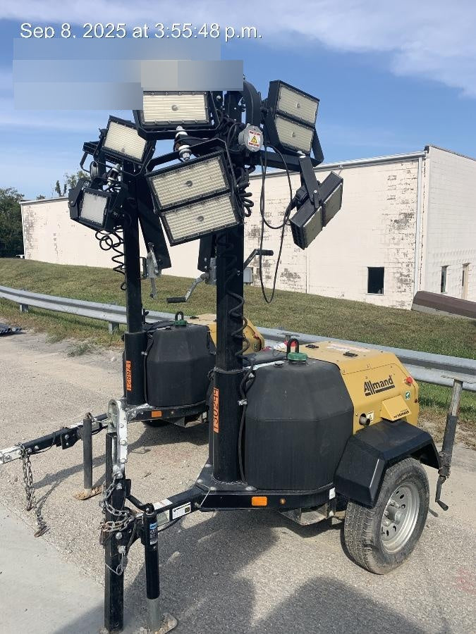 2021 Allmand NLV3GR (4) LED Light Fixture 350W, 23' Vertical Mast, 3kW Prime, Towable, Deep Sea L401, Leveling Jacks, Yanmar T4F 5.8hp