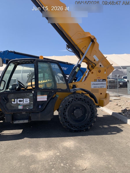 2019 JCB 512-56 74 HP w/CAB/HVAC, Beacon, Aux Hydraulics, Worklights, Solid Tires w/60" Carriage/Forks