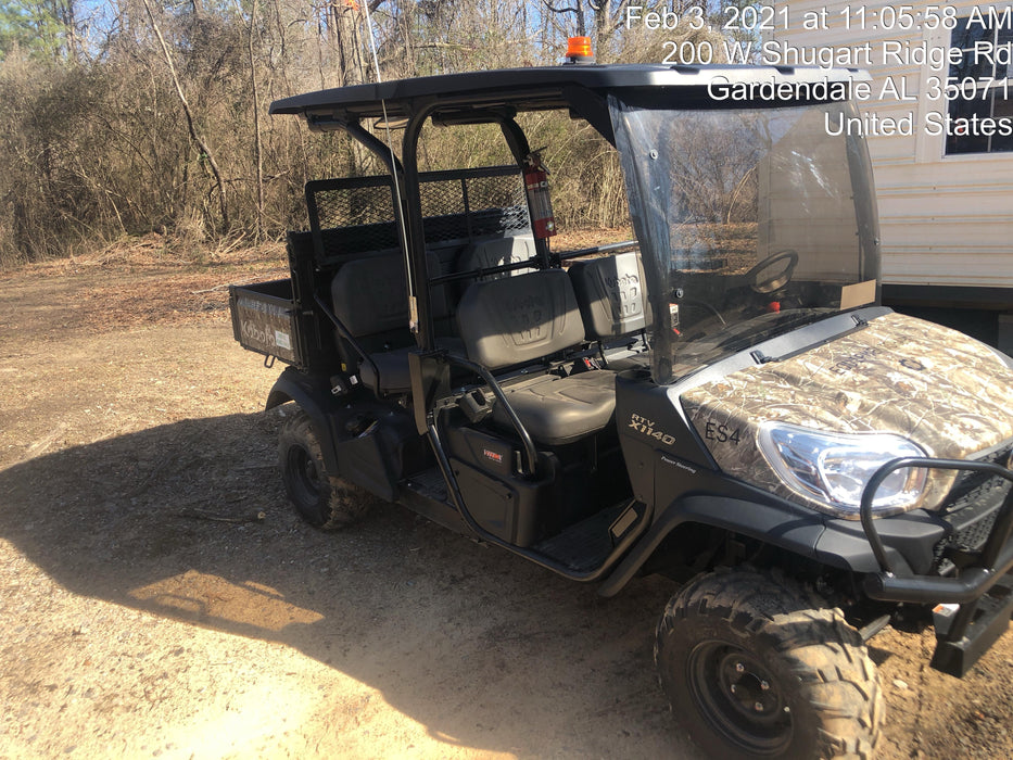 2020 Kubota RTV-X1140RL-A 4 seat diesel cart, plastic canopy, ATV tires, steel wheels, tinted windshield, strobe light, and backup alarm