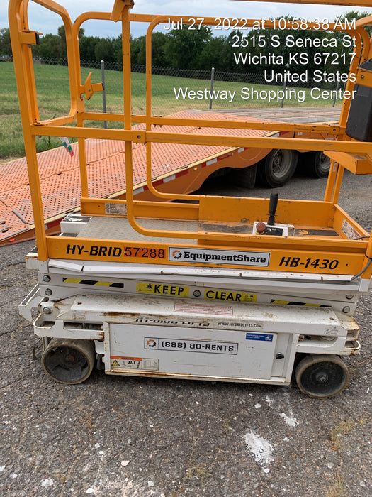 Custom Equipment HB-1430 Hy-Brid Scissor Lift
Platform capacity up to 670 lbs
Working height up to 20 ft
Weighs under 1,700 lbs
Non-marking wheels