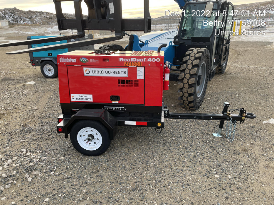 2022 Shindaiwa DGW400MDL Kubota D902 Engine, 23 HP, Dual Op Welder, Wire, Arc, Droop Stick, Tig, and CC Stick Functionality, Simulphase, 3 Phase and 1 Phase Gen Output, Single Axle NB Trlr, Slr Trckl Chrg 12V 12W, Fire Ext