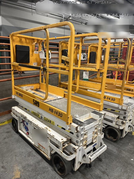 Custom Equipment HB-1430 <ul>
 <li>Hy-Brid Scissor Lift</li>
  <li>Platform capacity up to 670 lbs.</li>
  <li>Working height up to 20 ft</li>
  <li>Weighs under 1,700 lbs.</li>
  <li>Non-marking wheels </li>
</ul>