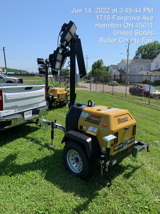 2022 Allmand NLV3GR (4) LED Light Fixture 350W, 23' Vertical Mast, 3kW Prime, Towable, Deep Sea L401, Leveling Jacks, Yanmar T4F 5.8hp