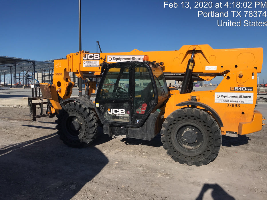 2019 JCB 510-56 74 HP w/CAB/HVAC, Beacon, Worklights, Aux Hydraulics, Solid Tires 66" Carriage/60" Forks
