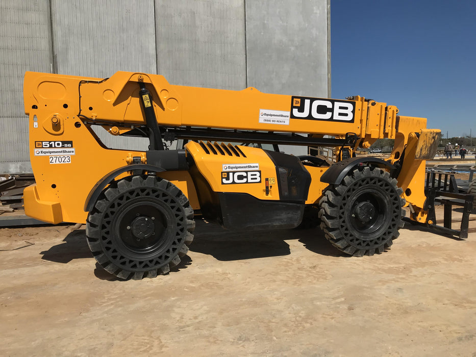 2019 JCB 510-56 Open ROPS, 74 HP, Solid Tires, Worklights, Beacon, Aux Hydraulics, Lifting Eye w/60" Carriage/60" Forks