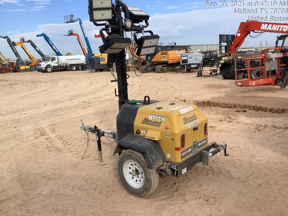 2021 Allmand NLV3GR (4) LED Light Fixture 350W, 23' Vertical Mast, 3kW Prime, Towable, Deep Sea L401, Leveling Jacks, Yanmar T4F 5.8hp