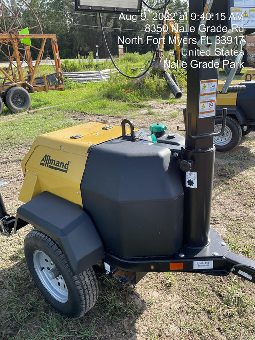 2022 Allmand NLV3GR (4) LED Light Fixture 350W, 23' Vertical Mast, 3kW Prime, Towable, Deep Sea L401, Leveling Jacks, Yanmar T4F 5.8hp