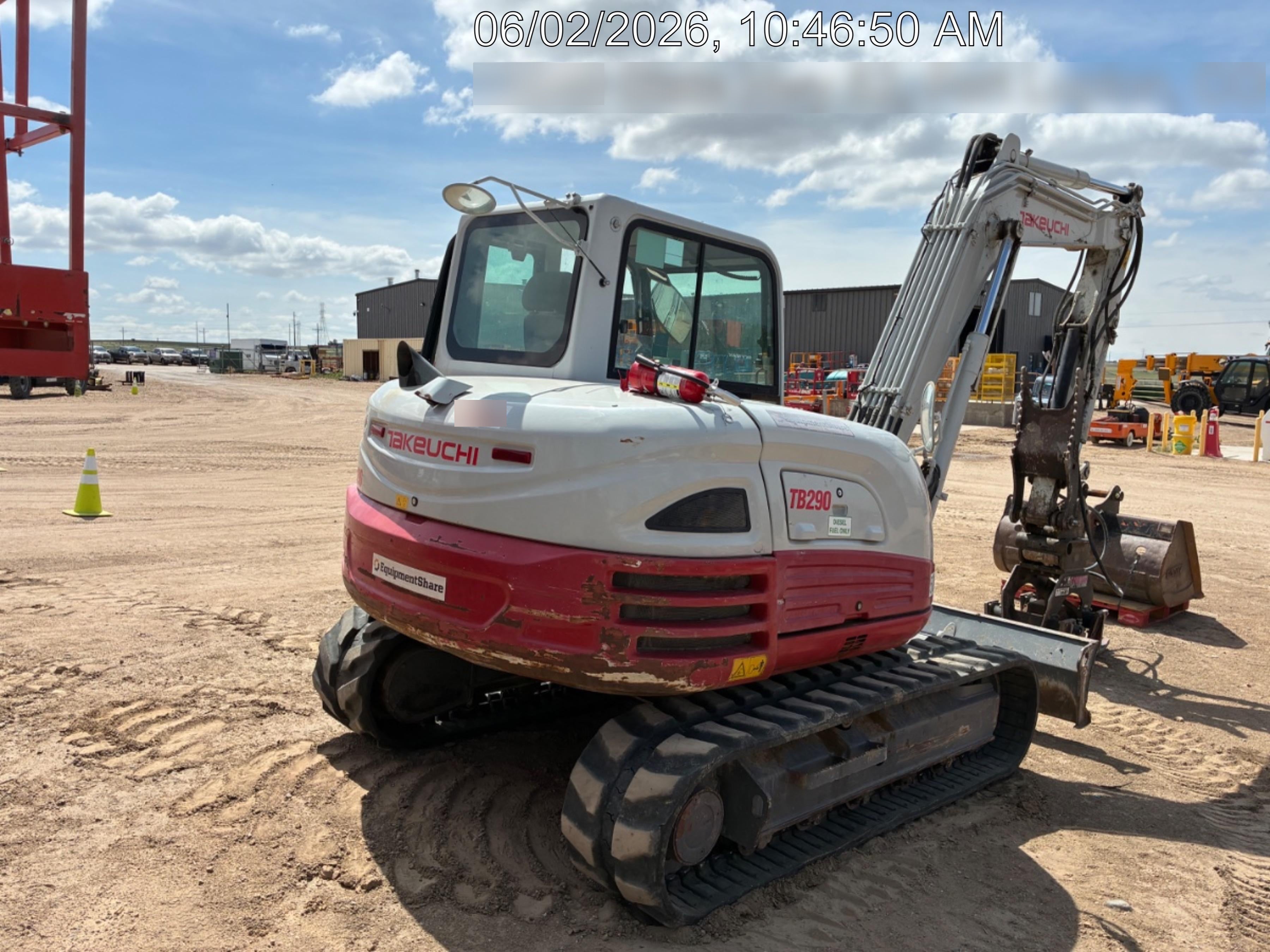 2019 Takeuchi TB290 Cab, AC, Rubber Tracks, Dozer Blade, Travel Alarm, Control Pattern Change Valve, Auxiliary Hydraulics w/18" Quick Coupler Bucket with teeth, 6.2 cu. ft. capacity/24" Quick Coupler Bucket with teeth, 8.6 cu. ft. capacity/36" Quick Coupler Bucket with teeth, 13.4 cu. ft. capacity, Quick Coupler, Hydraulic Thumb Installed