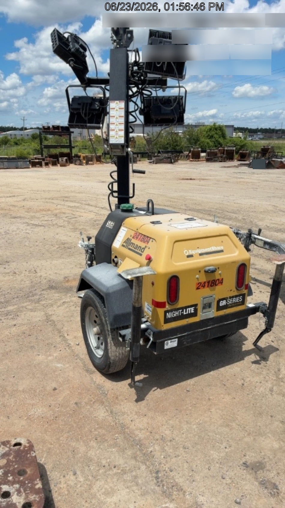 2022 Allmand NLV3GR (4) LED Light Fixture 350W, 23' Vertical Mast, 3kW Prime, Towable, Deep Sea L401, Leveling Jacks, Yanmar T4F 5.8hp